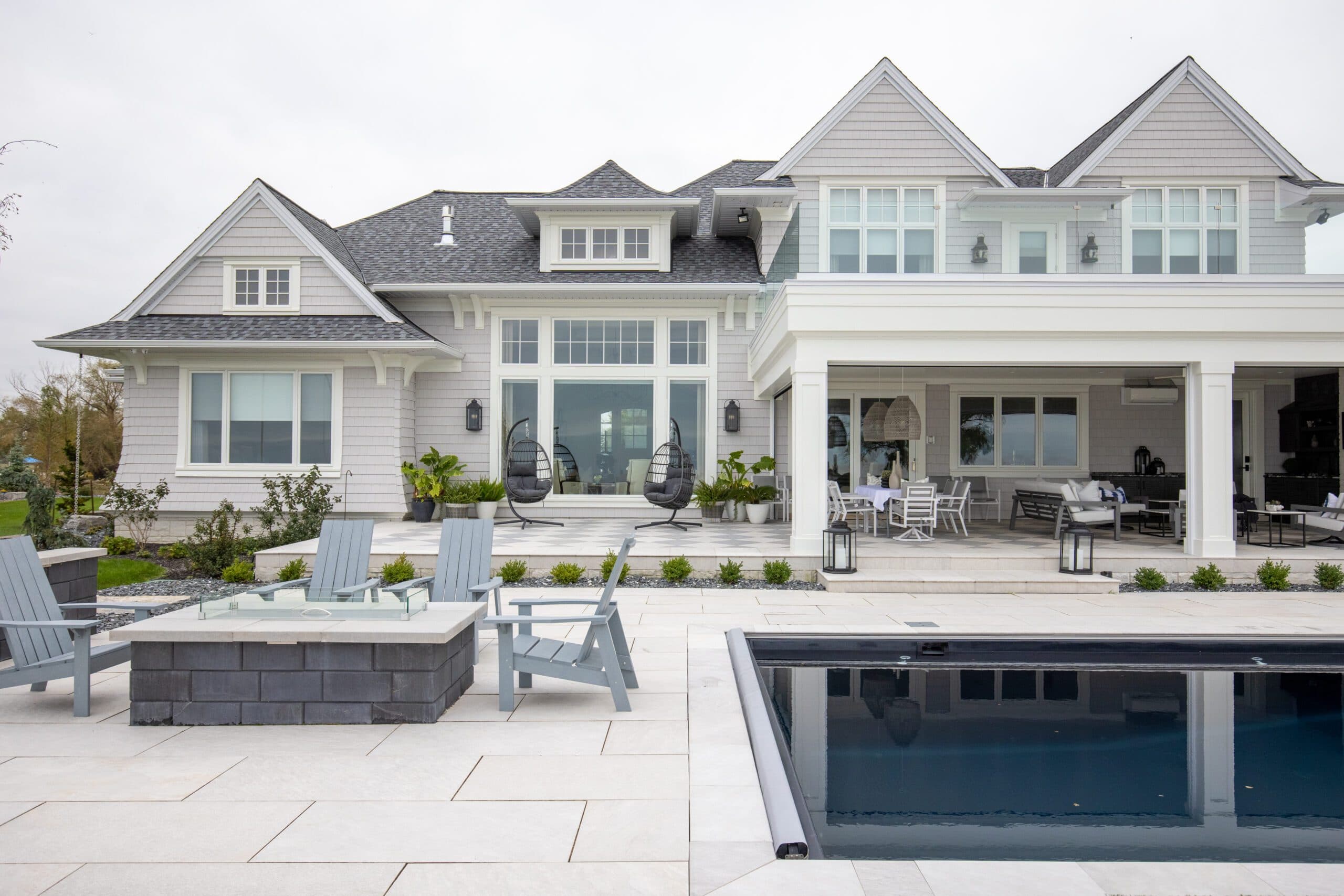 Luxury custom home with pool and covered outdoor living area by Timberland Homes in Ontario.